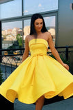 Simple Strapless Yellow Satin Ball Gown Short Homecoming Dresses Cocktail Dresses