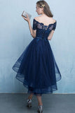 Dark Blue Lace Tulle Short Sleeve High Low Round Neck A-Line Short Prom Dresses