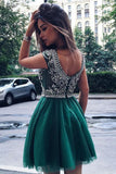 Green Scoop Sleeveless Open Back Beading Short Homecoming Dresses