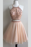 Two Piece A Line Tulle Appliqued Beaded Short Homecoming Dresses