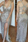 Luxurious Mermaid Long with Side Slit Sexy Backless Sequin V-Neck Sleeveless Prom Dresses