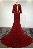 Sexy Mermaid 3/4 Sleeve V Neck Open Back Beads Burgundy Long Cheap Prom Dresses