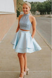 Cute Two Piece High Neck Pockets Satin Short Light Blue Beaded Homecoming Dresses