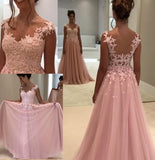 Elegant Pink Long V-Neck Appliques Sleeveless A-Line Chiffon Prom Dresses