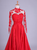 New Arrival Elegant Taffeta Applique Long Sleeve Empire Prom Gowns Evening Dresses