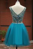 Blue Homecoming Dress Short Prom Gown Tulle Beads Open Back Homecoming Gowns