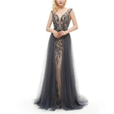 Elegant Mermaid V-Neck Sweep Train Grey Tulle Detachable Prom Dress with Beading