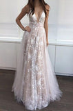 Long Sexy Deep V-Neck Tulle Lace Appliques Floor-Length A-Line Party Prom Dress