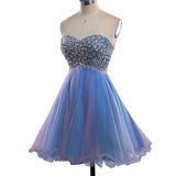 Strapless Cute Tulle Short Sweetheart Beading Blue Rhinestone Homecoming Dresses