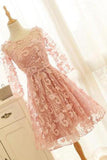 A Line Pink Lace Long Sleeve Open Back Scoop Knee Length Appliques Homecoming Dress