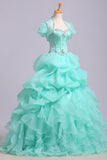 Ball Gown Sweetheart Organza Beads Lace up Ruffles Tiffany Blue Prom Quinceanera Dresses