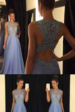 Lace Open Back Sexy Blue Chiffon Cheap A-Line Beads Sleeveless Scoop Prom Dresses