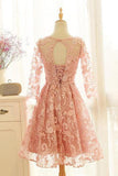 A Line Pink Lace Long Sleeve Open Back Scoop Knee Length Appliques Homecoming Dress