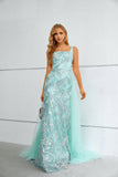 Unique Green Sleeveless Lace A Line Detachable Train Prom Dresses