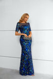 Sparkle Blue Short Sleeves Sequins Mermaid Prom Dresses