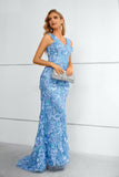 Blue V Neck Sleeveless Lace Long Mermaid Prom Dresses