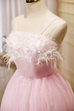 Pink Feather Spaghetti Straps Tulle Short Homecoming Dresses