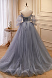 Chic Grey Short Sleeves A Line Tulle Long Prom Dresses