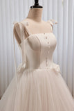 White Spaghetti Straps Bowknot A Line Tulle Long Prom Dresses