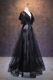 Modest Black Long A-line V-neck Black Prom Dresses Chic Party Dresses