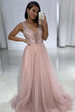 Girly Light Pink V-neck Beading Tulle A-line Long Prom Dresses For Teens