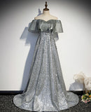 Pretty Silver Off The Shoulder Long A-line Prom Dresses For Teens