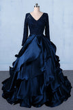 Formal V-neck Beading Lace Satin Backless Ball Gown Prom Dresses With Sleeves