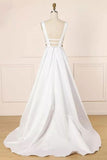 Elegant Ivory V-neck Simple Satin Prom Dresses With Pockets