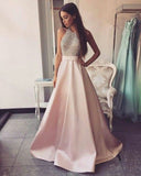 Girly Pink Satin Long Halter Backless Beading Long Prom Dresses Cute Dresses