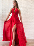 Flowy Red Chiffon Long Open Back Front Split Prom Dresses Fashion Dresses