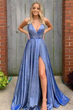 New Arrival Spaghetti Strasp V-neck Long A-line Front Split Pretty Prom Dresses