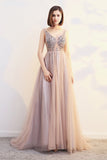 Chic V-neck Beading Long Backless Prom Dresses Elegant Party Gowns