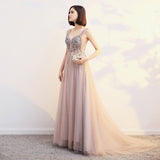 Chic V-neck Beading Long Backless Prom Dresses Elegant Party Gowns