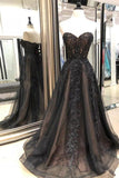 Black Sweetheart Tulle Lace Strapless Beads Prom Dresses with Lace up Evening Dresses