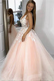 Princess V Neck Pink Long Tulle Lace Appliques Open Back Party Dress Prom Dresses