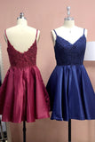 Cute V Neck Sleeveless A Line Lace Short Homecoming Dresses With Pockets