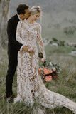 Unique Long Sleeves V Back Boho Beach Rustic Lace Wedding Dresses