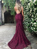 Burgundy Mermaid Spaghetti Straps Plunge V-Neck Lace Backless Prom Dresses