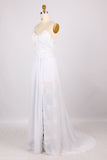 Popular Sphagetti Lace With Side Slit Open Back Sweep Train Beach Wedding Dresses