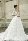 Half Sleeves Sheer Deep V-neck Lace Applique Ball Gown Illusion Back Wedding Dresses