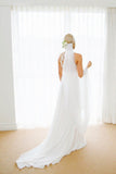 A Line Floor Length Sleeveless Sheer Back Appliques Side Slit Beach Wedding Dresses