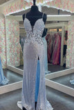 Straps Light Blue Elegant Sheath Evening Dresses Sequins Appliques Long Prom Dresses