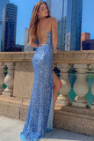 Prom Dresses With Side Slit Spaghetti Straps Blue Sequin Mermaid