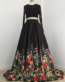 A line Two Piece Black Long Sleeve Prom Dress With Floral Print Skirt Evening Dresses