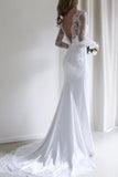 Elegant Lace Long Sleeves Mermaid Backless White Long Wedding Dress with Train