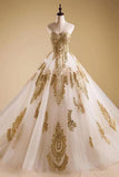 Elegant Gold Neck Tulle Strapless Sweetheart Lace Ball Gown Prom Dress Quinceanera Dress