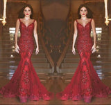 Gorgeous Red Mermaid V-neck Backless Prom Dresses with Beading Appliques For Spring Teens