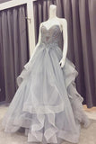 A Line Sweetheart Beads Organza Gray Lace Appliques Strapless Cheap Prom Dresses