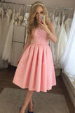 Charming Lace A-line Cute Satin Pink Tea Length Appliques Homecoming Dresses