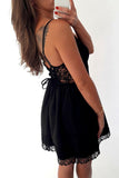 Black A Line Deep V Neck Sleeveless Open Back Short Homecoming Dresses